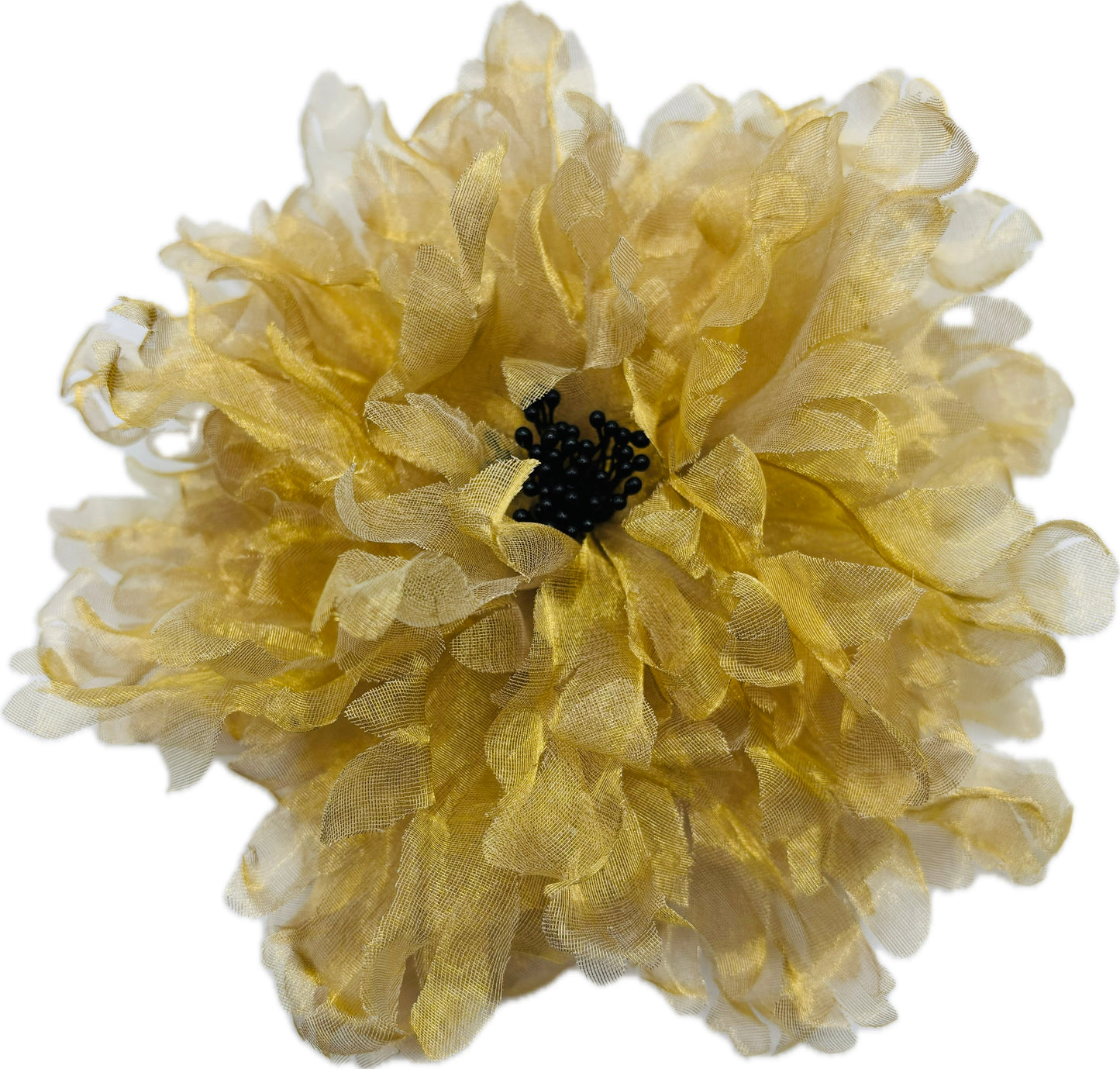 Karin’s Garden Empress 8" Gold Silk Organza Flower Pin and Clip with Black Seeds.  Made in the USA with Love