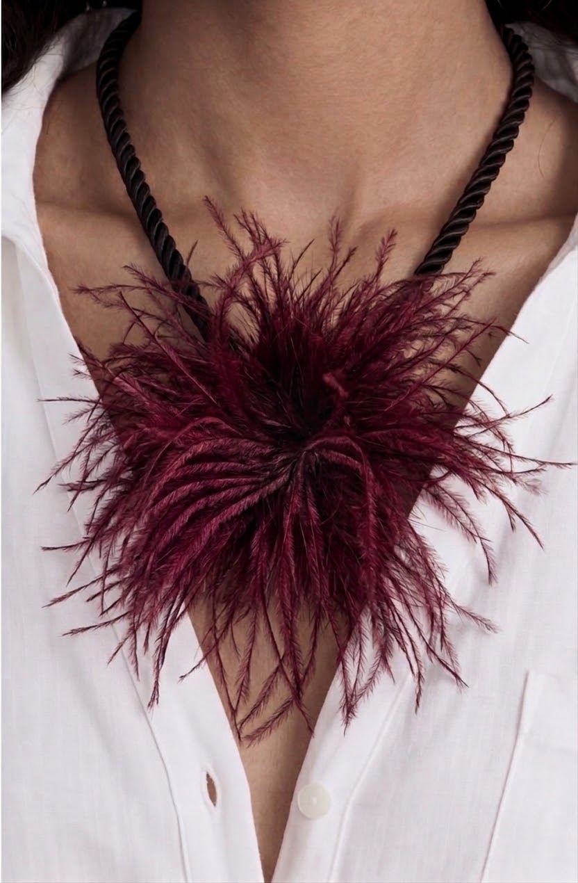 Dietrich Petite Ostrich Pin & Clip in Bordeaux.  Handmade in the USA. Genuine Ostrich. Available in many colors.  Available in Petite or Grand