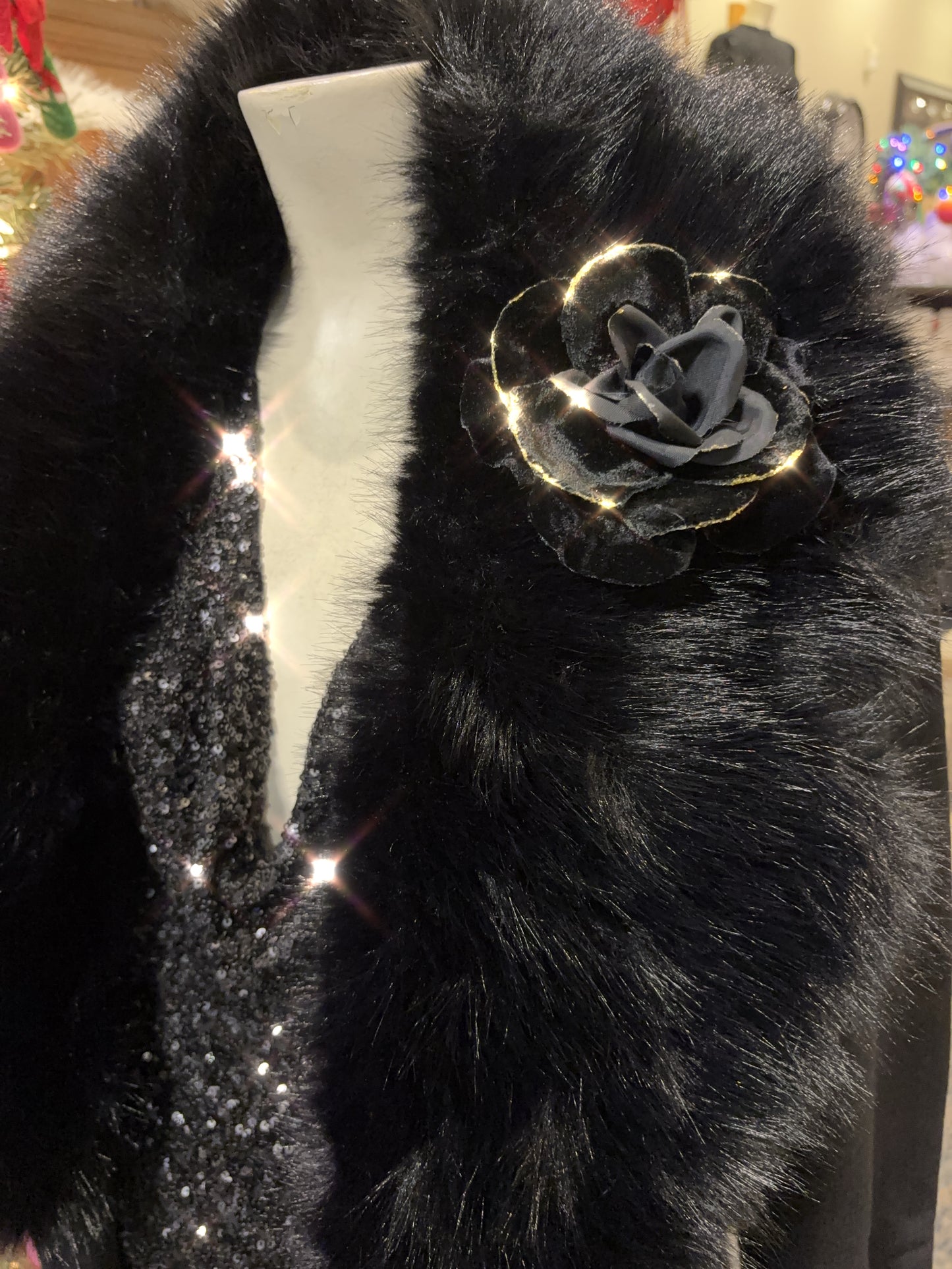 Karin's Garden 3" Mrs. Q. Glam Velvet Blend Black Metallic Edge Rose Pin Brooch Clip.  Made in the USA.