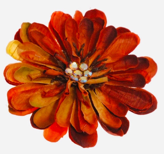 Fabric Flower Orange with Crystals Brooch & Clip. Karin's Garden 4" Zinnia.  Handmade in the USA