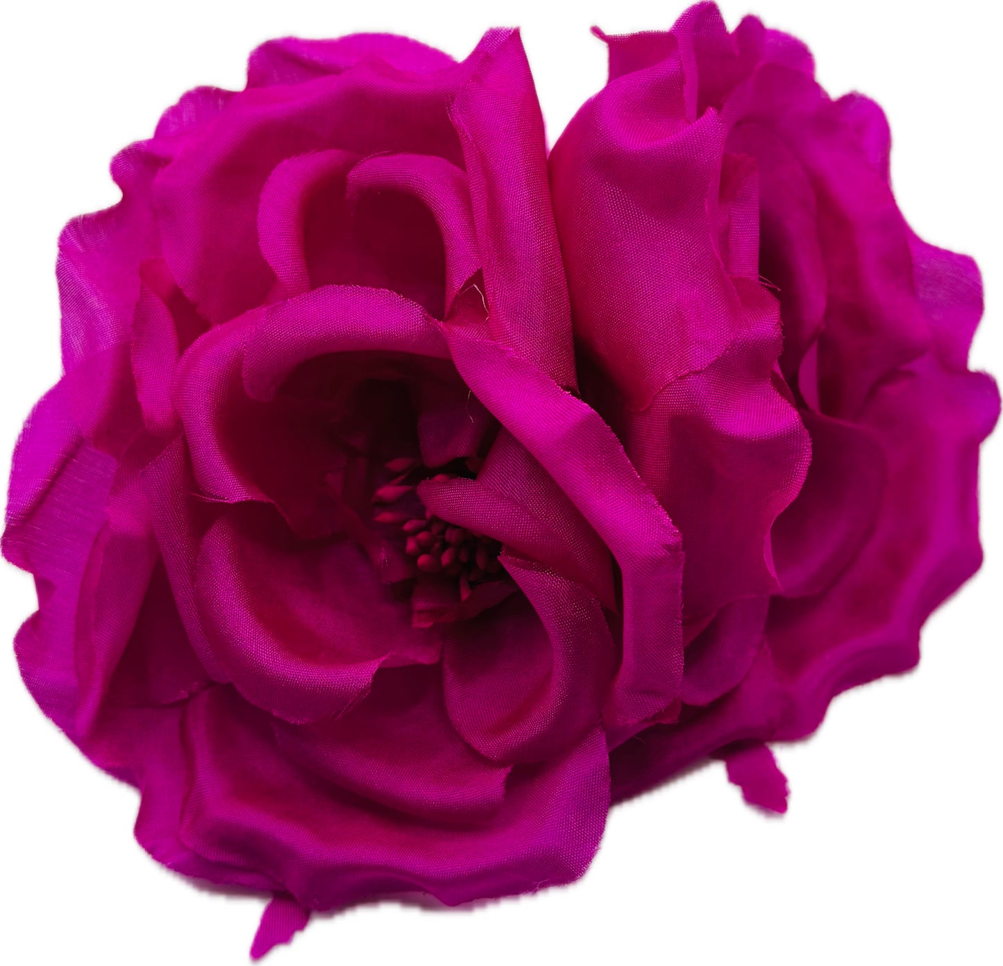 "Bianca" 4.5" Fuchsia Double Rose Silk Brooch and Clip.  Pin or Clip onto dress, into hair, onto handbag, hats, on a dress and more