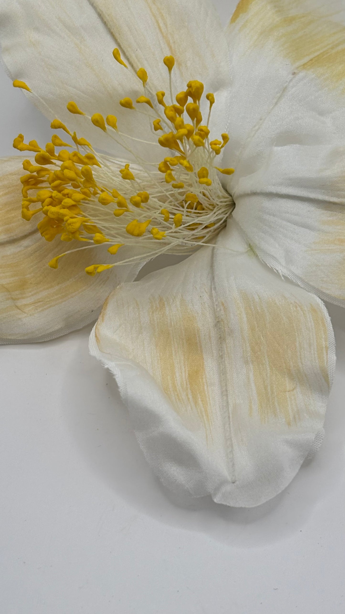 "Clementine" 4" Silk Clematis Ivory Yellow Brooch and Clip. Karin's Garden. Bendable Petals. Pin or Clip into hair, onto dress, lapel, handbag and more.