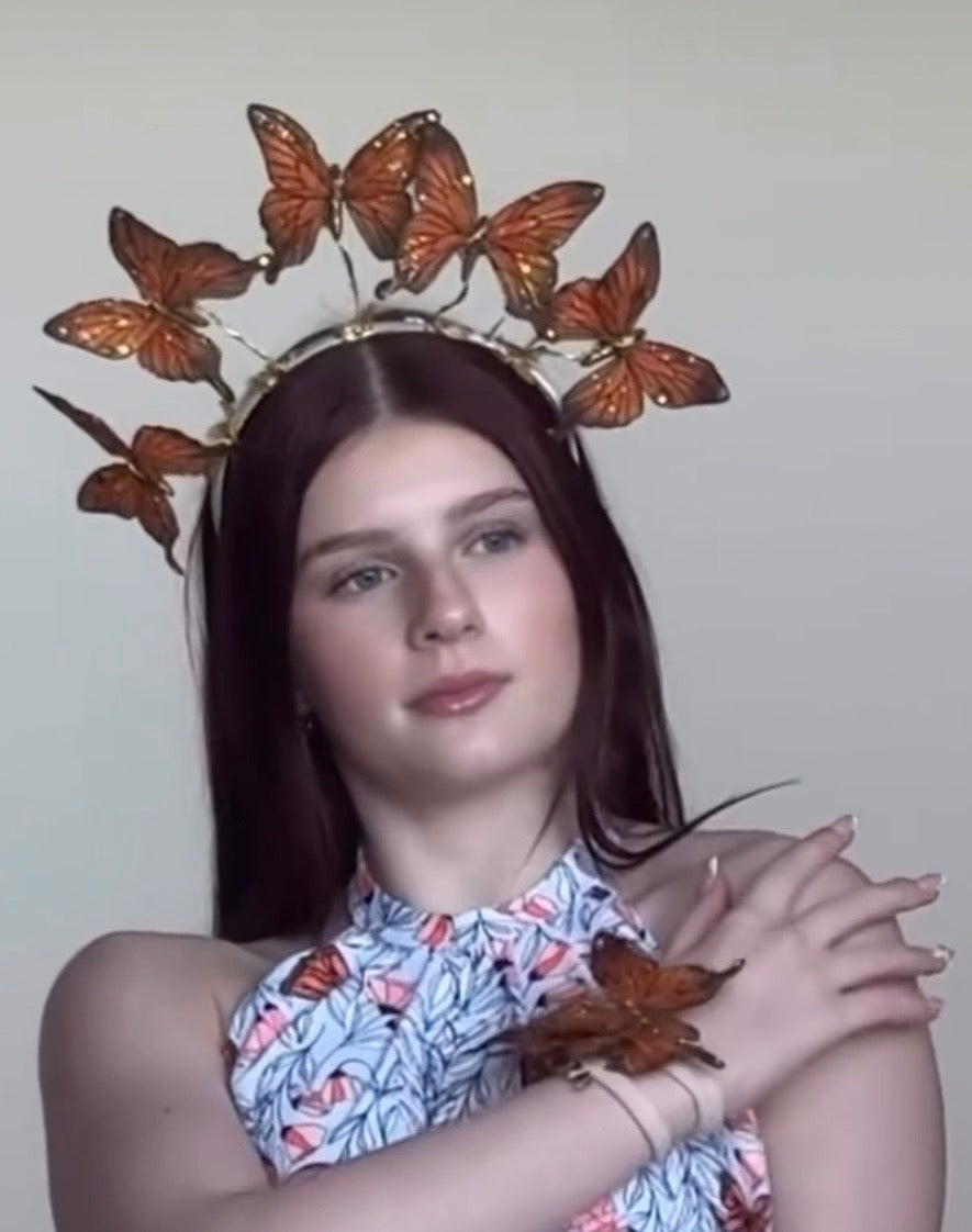 "Vanessa" Karin's Garden 3" Orange Black Butterfly clip. Bendable petals. Wear in your hair, clip to wristlet, clip on lapel, tank top or dress.  Clothing by detailsdancewear