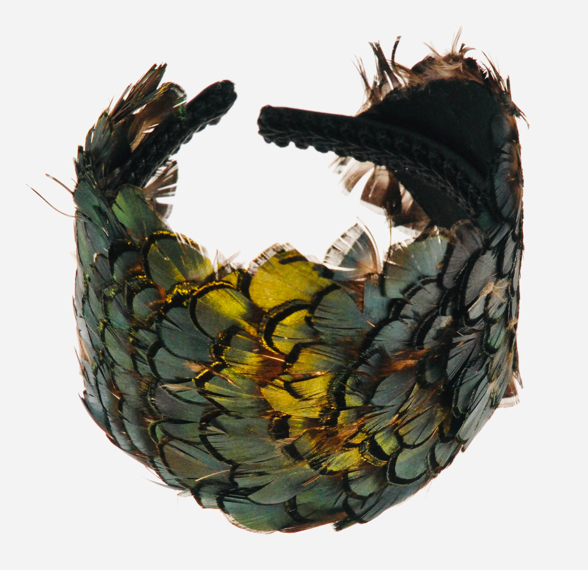 Garbo Feather Couture Headband in Green Black