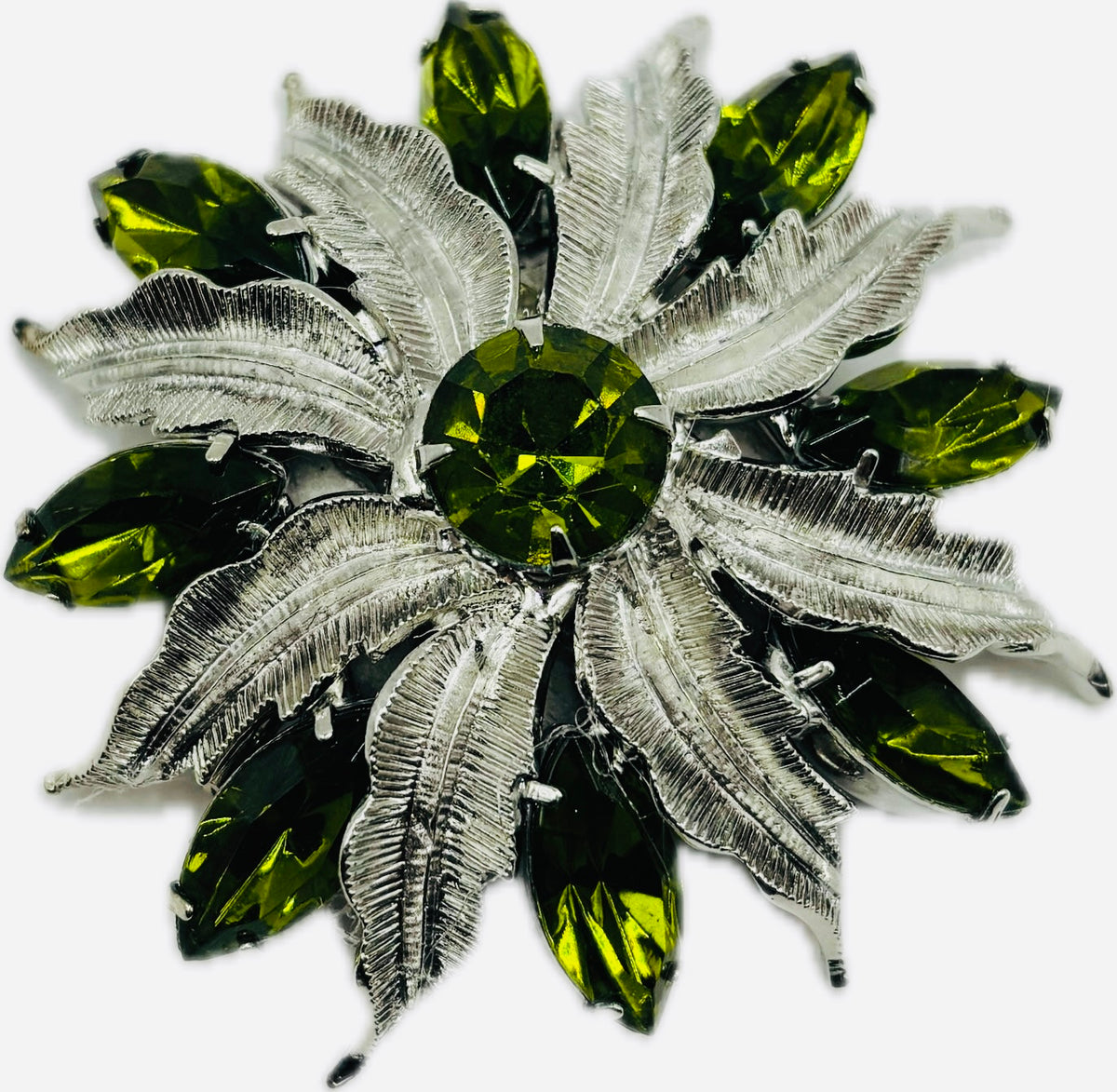 “Ingrid” Brooch in Olive. 2" - Made in the USA.  Pin to your lapel, dress, scarf, hat and more.  Wear one or multliple
