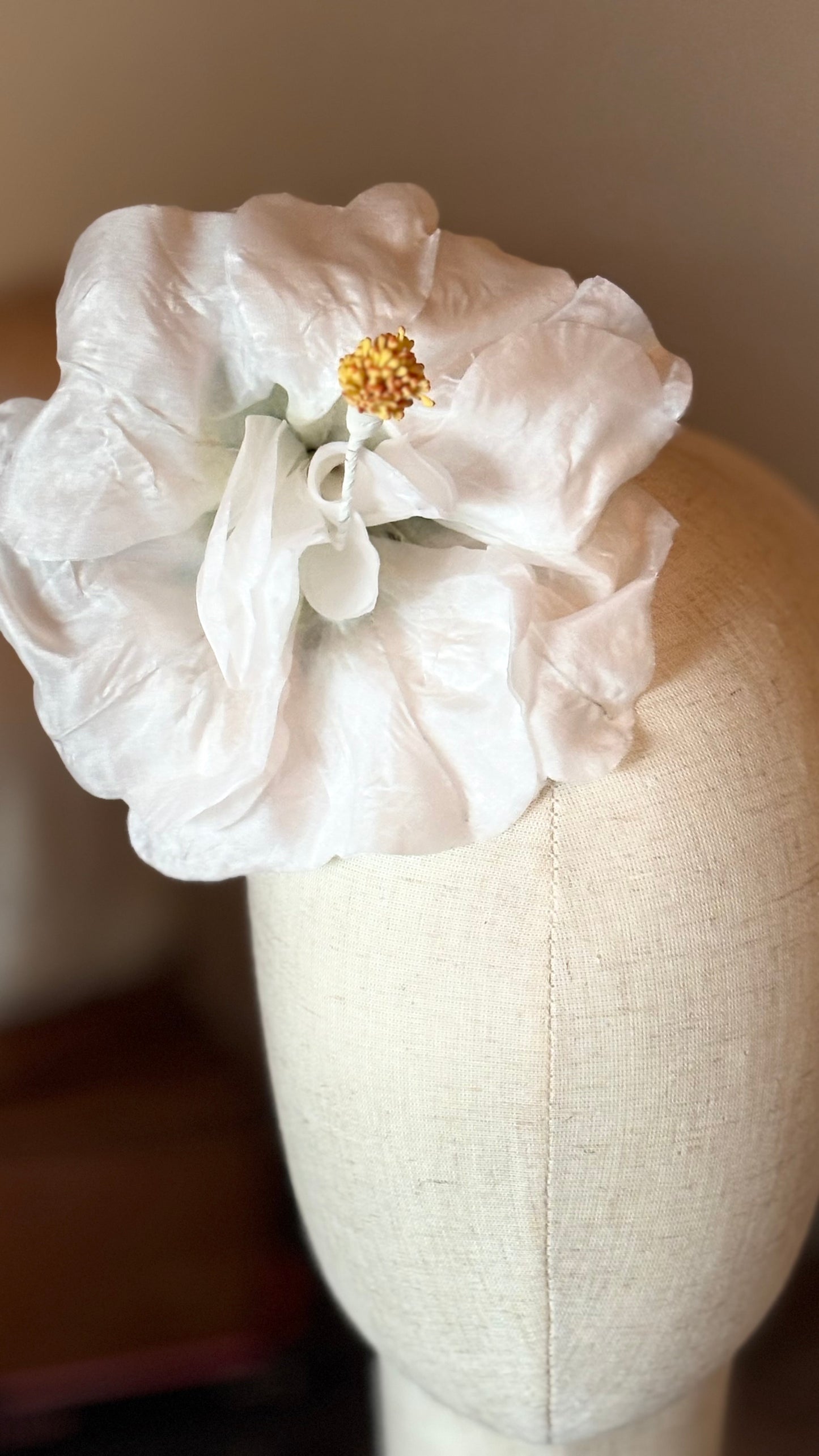 "Caterina" Vintage German White Silk GDR Hibiscus 6" Reimagined Mid-Century Brooch & Clip Duo.  For your sundress, handbag, hat & lapel.