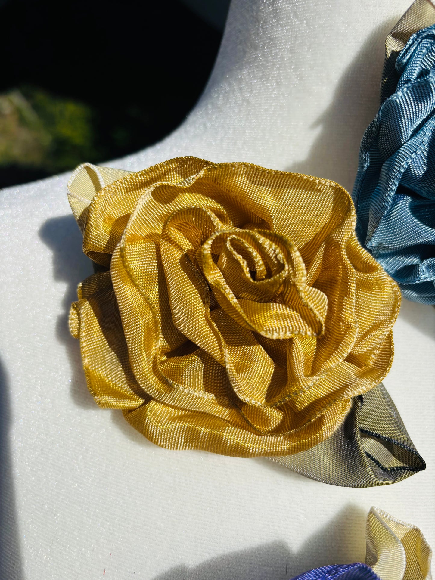 Karin's Garden 3" “Rosette” Pin.  Pin to dress, lapel or wear as a boutonniere. Made in the USA.  You can reshape the flower and leaves to make it larger or smaller.