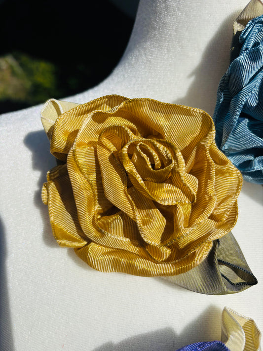 Karin's Garden 3" “Rosette” Pin.  Pin to dress, lapel or wear as a boutonniere. Made in the USA.  You can reshape the flower and leaves to make it larger or smaller.