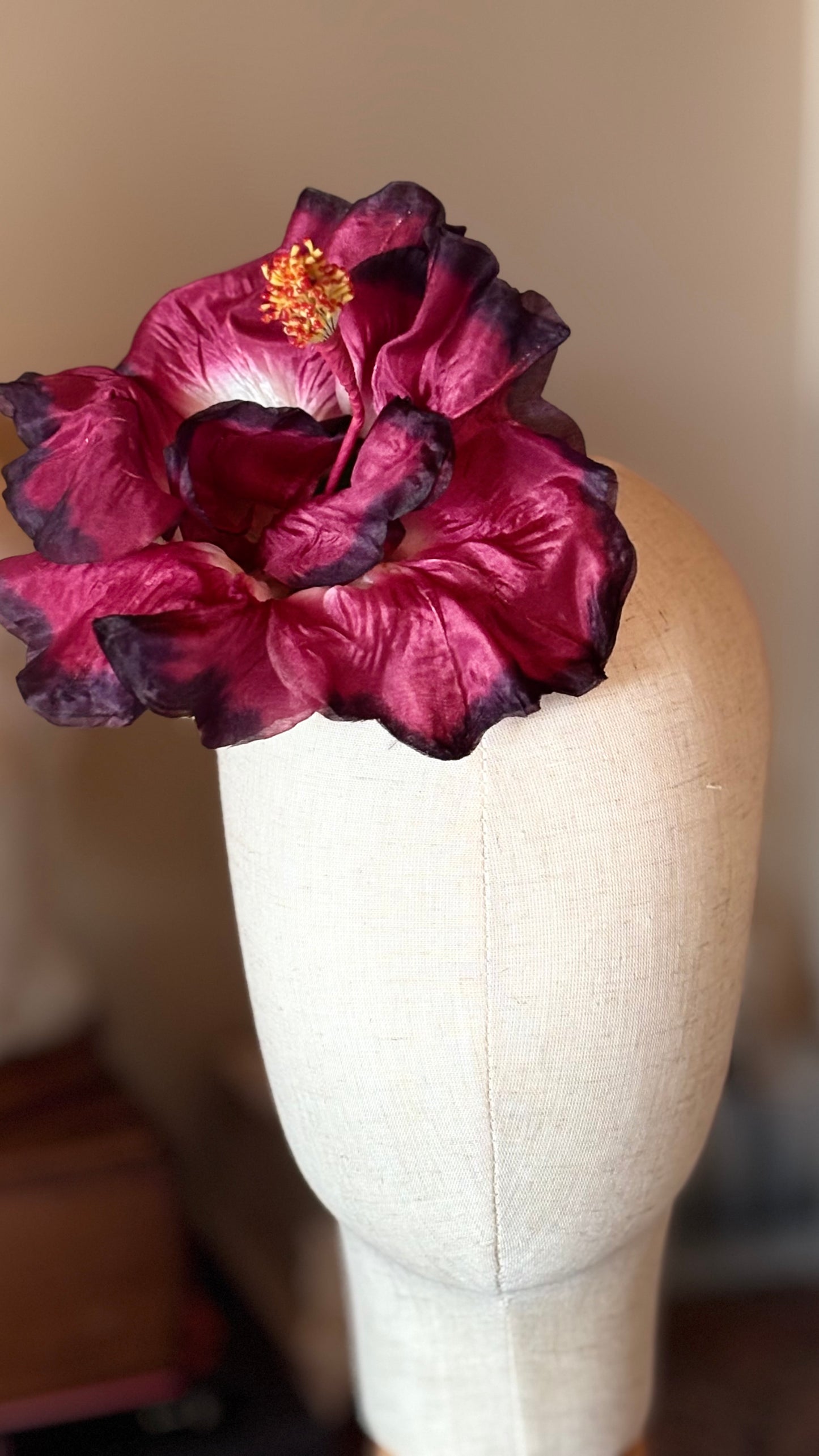 "Caterina" Vintage German Wine Silk GDR Hibiscus 6" Reimagined Mid-Century Brooch & Clip Duo.  For your sundress, handbag, hat & lapel.