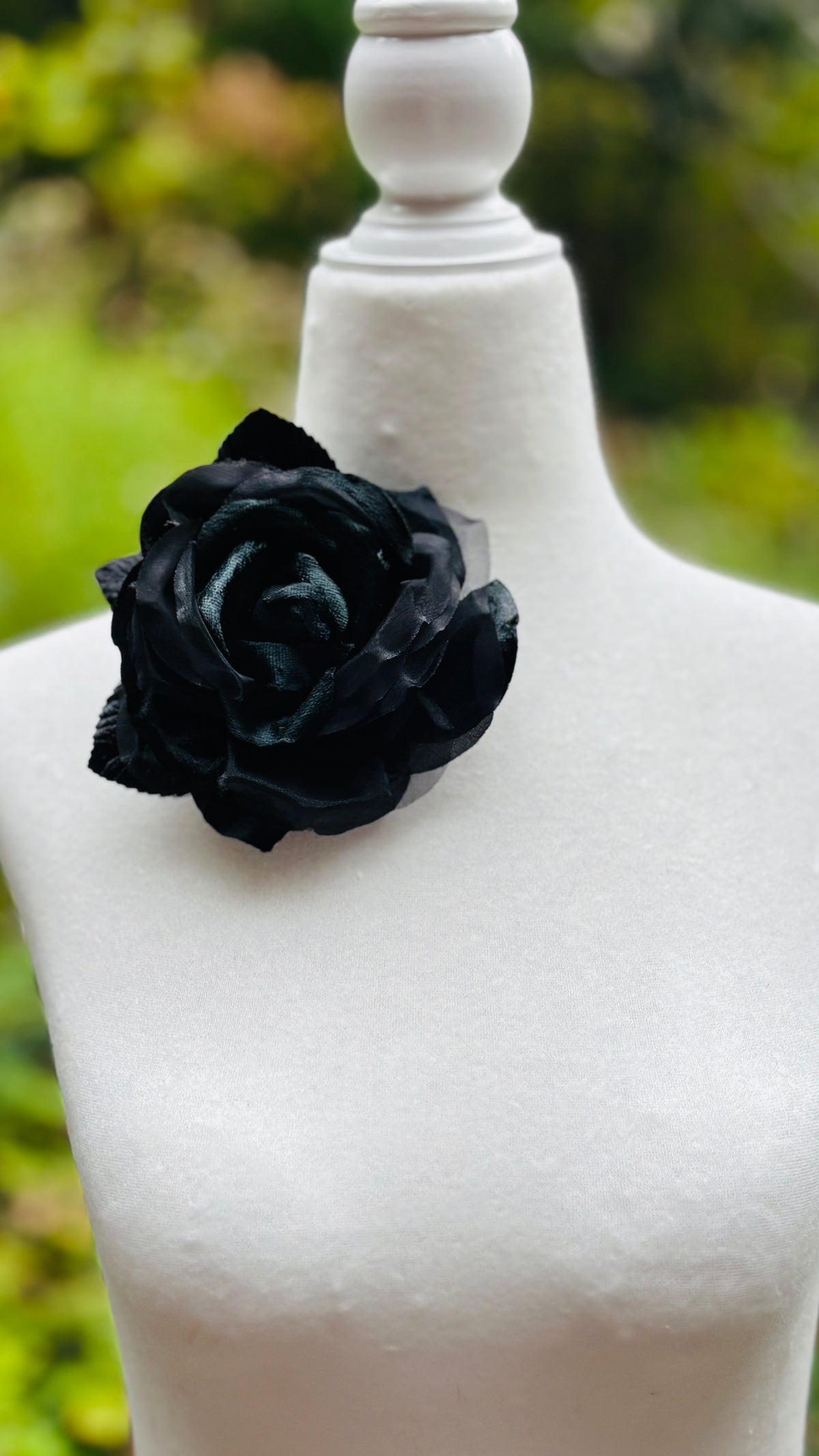St John Black Silk Organza and Silk Velvet Rose Pin Clip. Wear in your hair, on your lapel, dress, on handbag, necklace or hat.