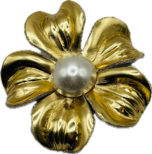 “Maisie" Gold Leather & Pearl Brooch & Clip. 2.25" Made in the USA with Love.