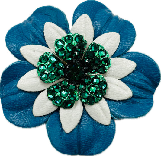 "Seahawks" Petite Leather & Green Crystal Flower Pin & Clip. Made in Seattle, WA