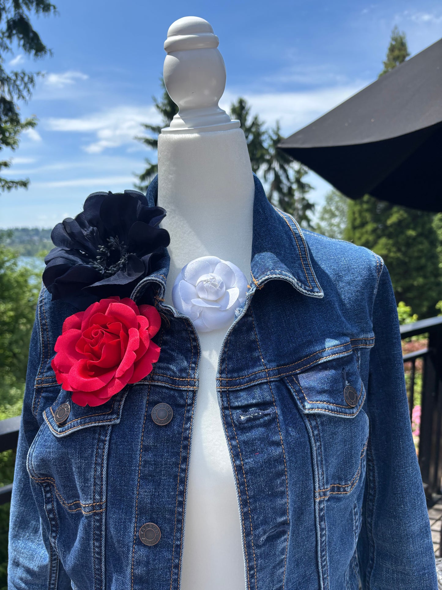 Karin's Garden "Beth" 3.5" Red Silk Rose Pin Brooch and Clip. Handmade in the USA.  Pin or Clip into hair, onto dress, lapel, handbag and more.