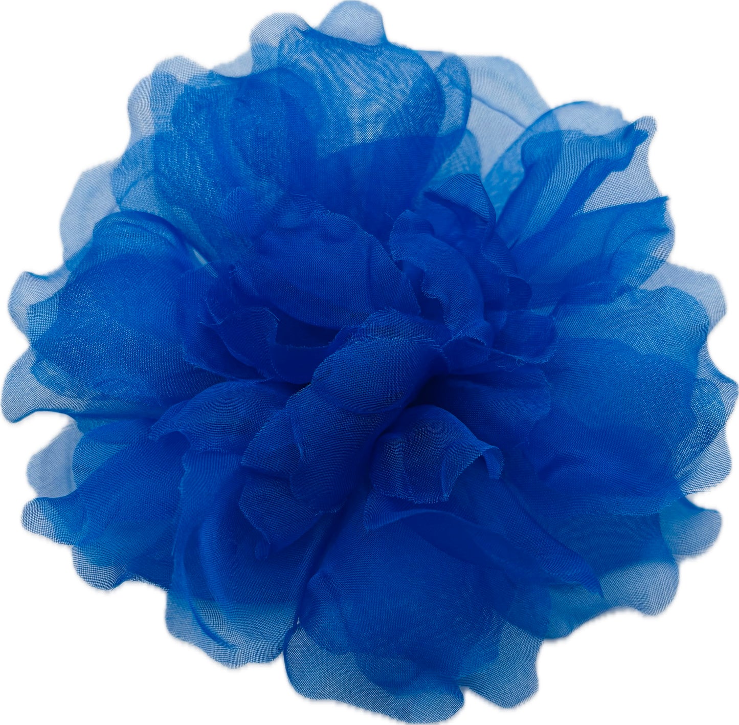 Karin's Garden "Harper" 4" Silk Royal Blue Organza Gardenia Pin Brooch & Clip. Handmade in the USA.  Pin or Clip into hair, onto dress, lapel, handbag and more.