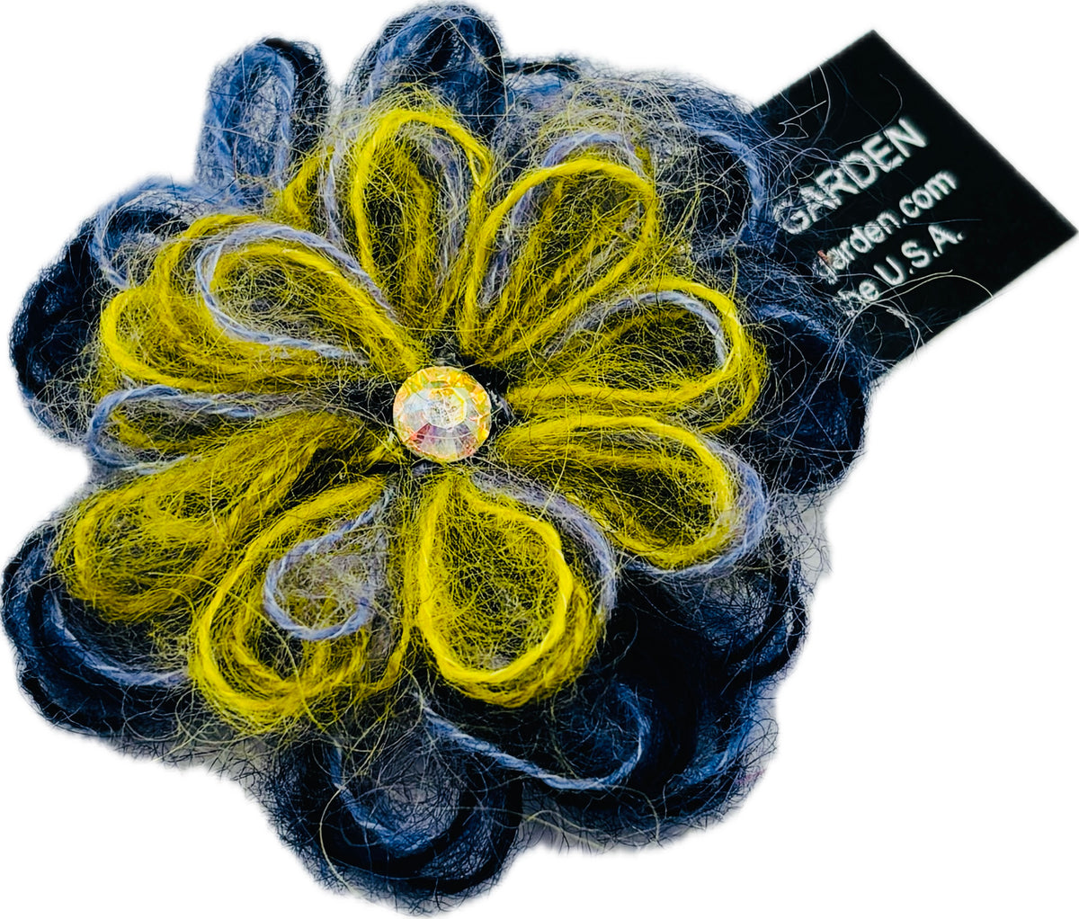 Enya Mohair Flower with Crystal Brooch & Clip Two Inches Handmade in the USA