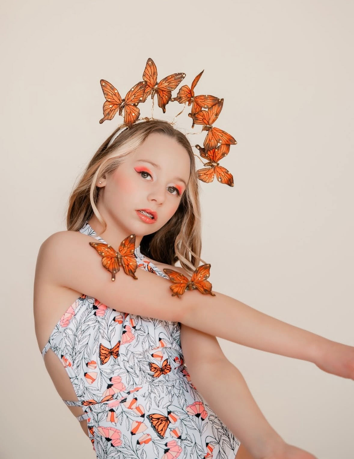 "Vanessa" Karin's Garden 3" Orange Black Butterfly clip. Bendable petals. Wear in your hair, clip to wristlet, clip on lapel, tank top or dress.  Clothing by detailsdancewear