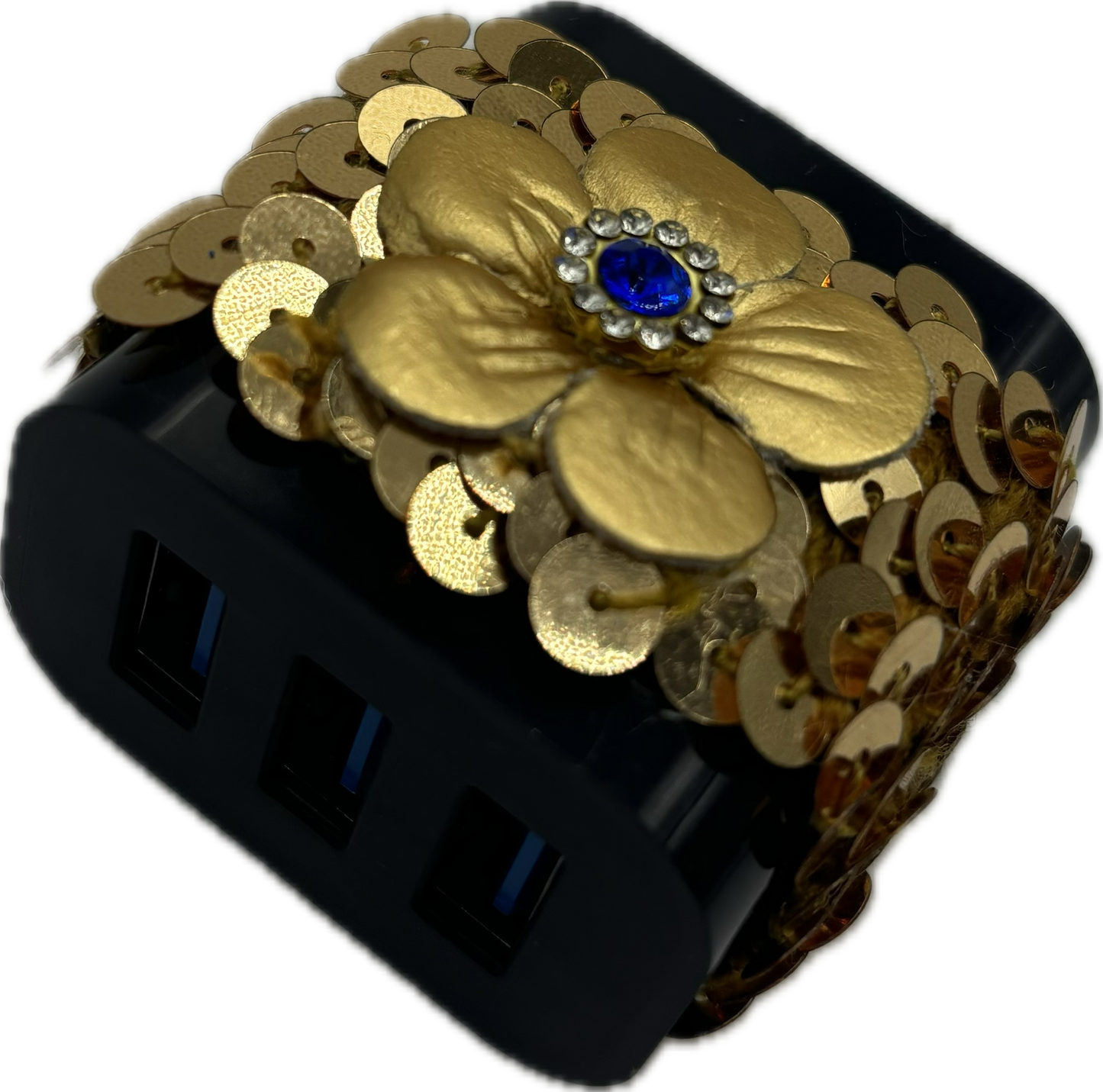 Karin's Garden Navy Phone Charger Gold Sequin & Gold Leather Flower with Crystals