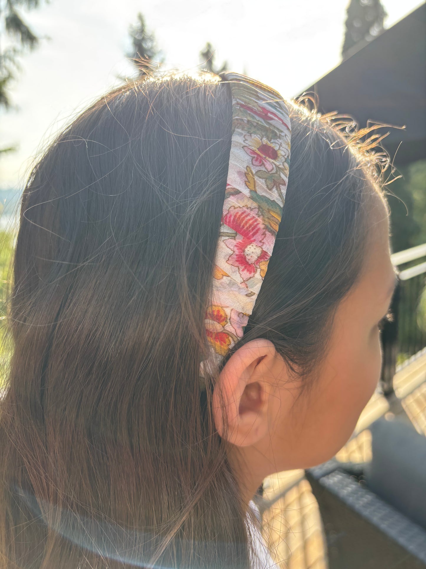 Karin's Garden 1" Silk Chiffon Floral Headband.  Handmade in the USA.  In white floral or black floral