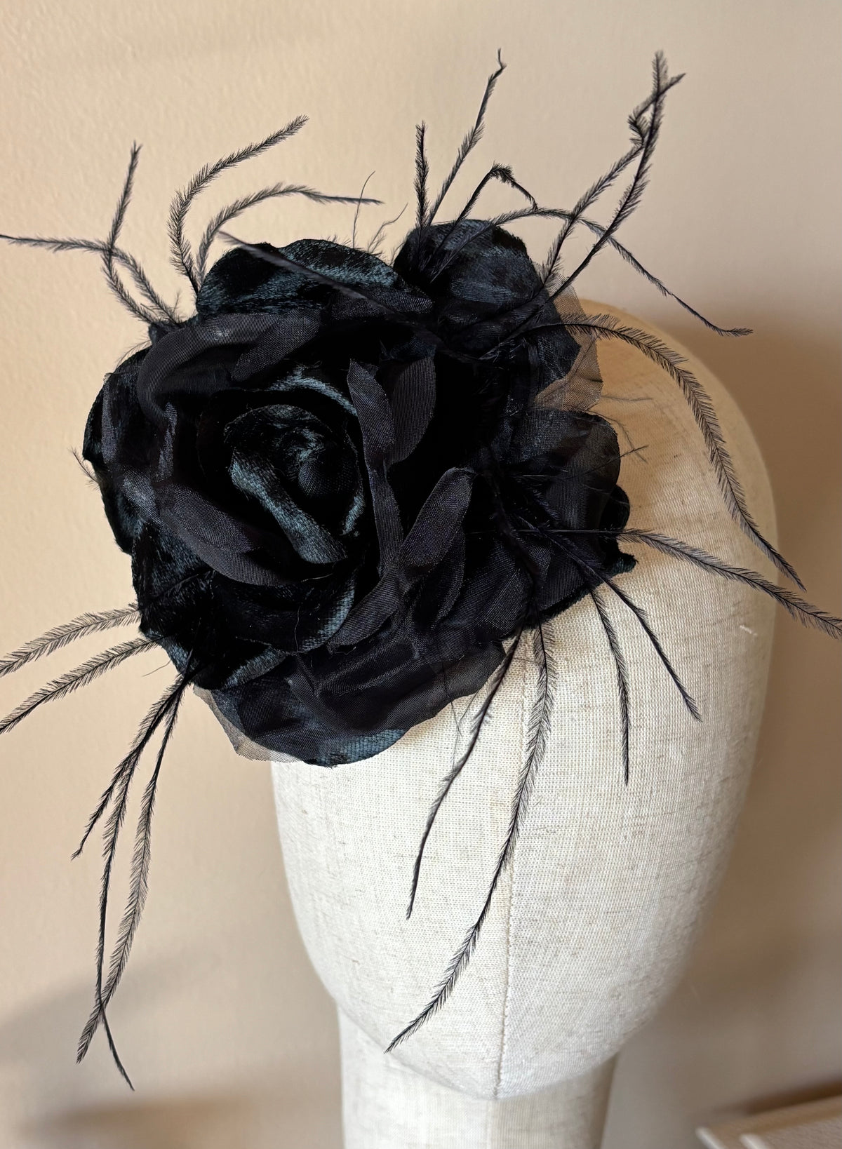 St John II - Black Silk Organza and Silk Velvet Rose Pin Clip with Ostrich.  Clip or Pin into your hair, wear on your lapel, dress, handbag, necklace or hat.