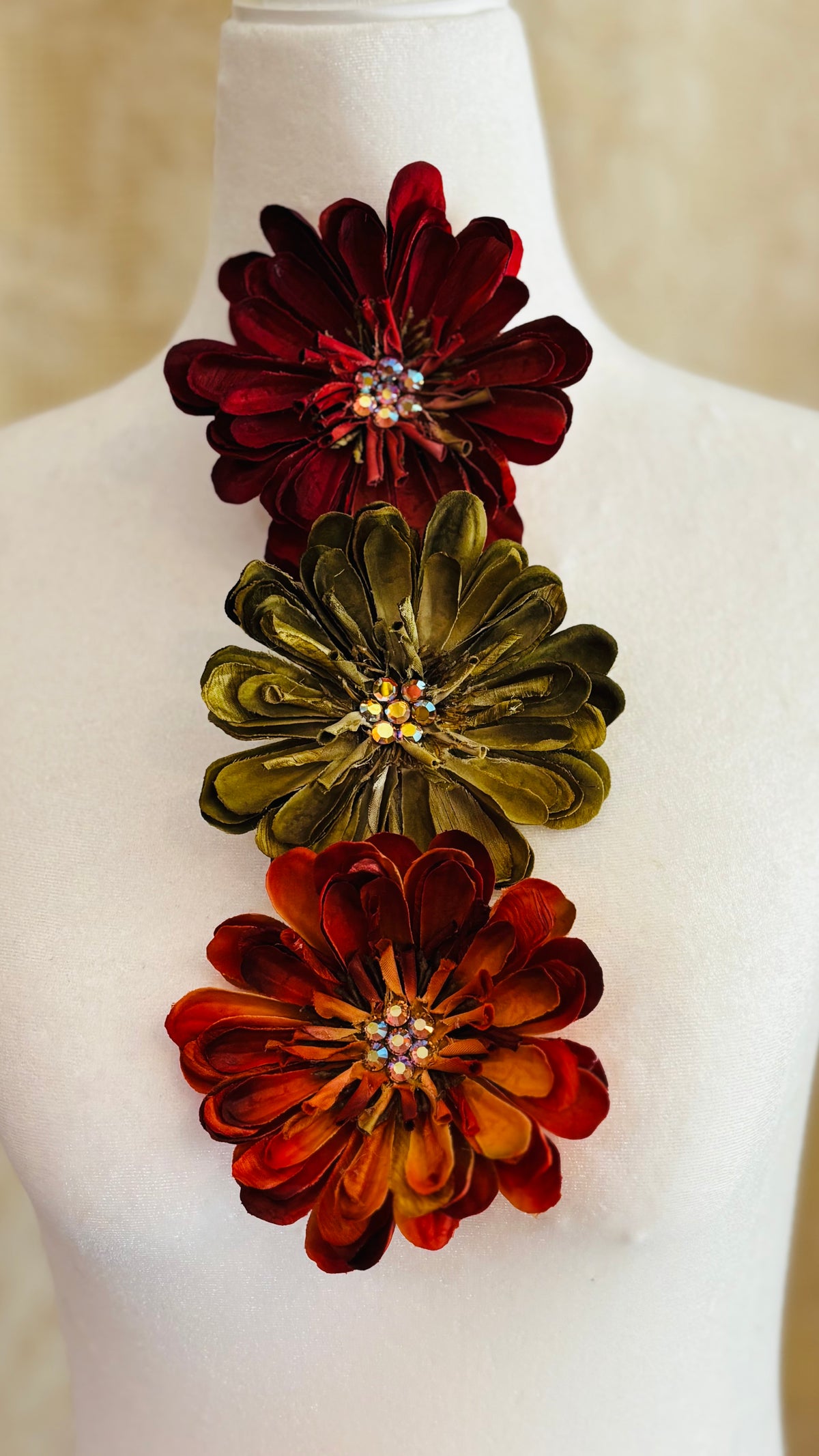 Fabric Flower Burgundy with Crystals Brooch & Clip. Karin's Garden 4" Zinnia.  Handmade in the USA
