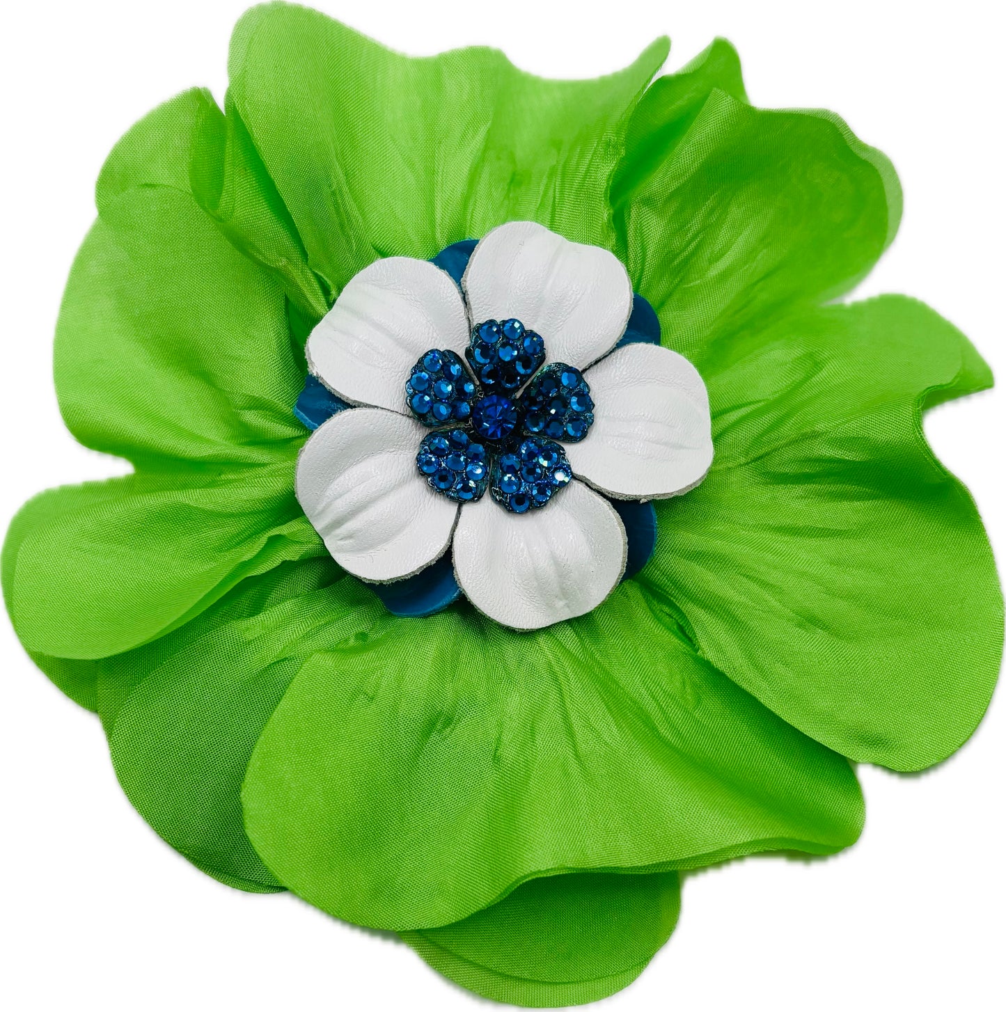 “Seahawks” Silk Poppy with Leather & Crystal Center.  Brooch & Clip.  Made in Seattle, WA.  Multi Use