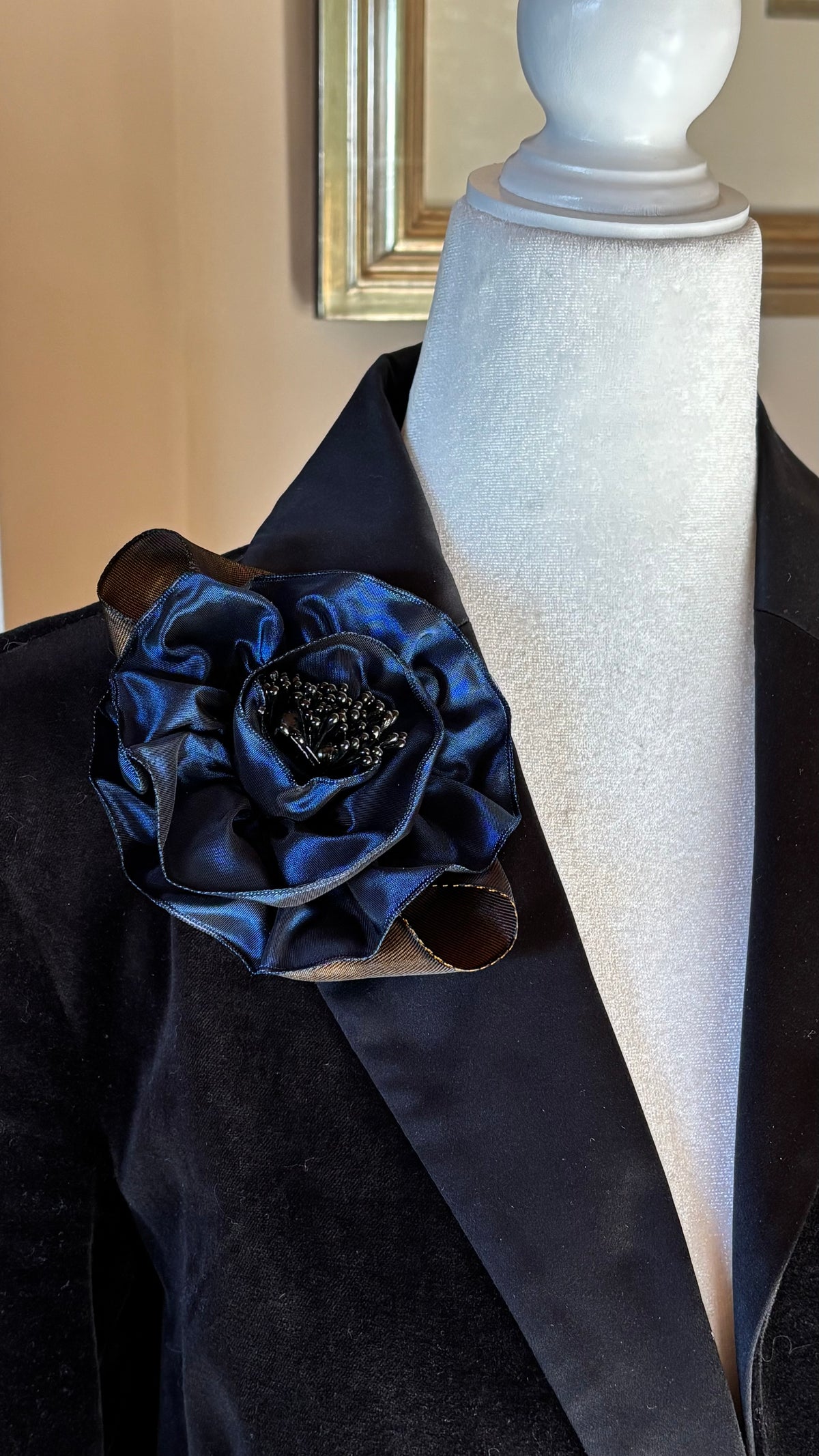 Francesca Petite Brooch & Clip in Navy.  Pin or Clip to dresses, lapels, handbag or hat.  Made in the USA.  You can reshape the flower and leaves.  Taffeta from France.