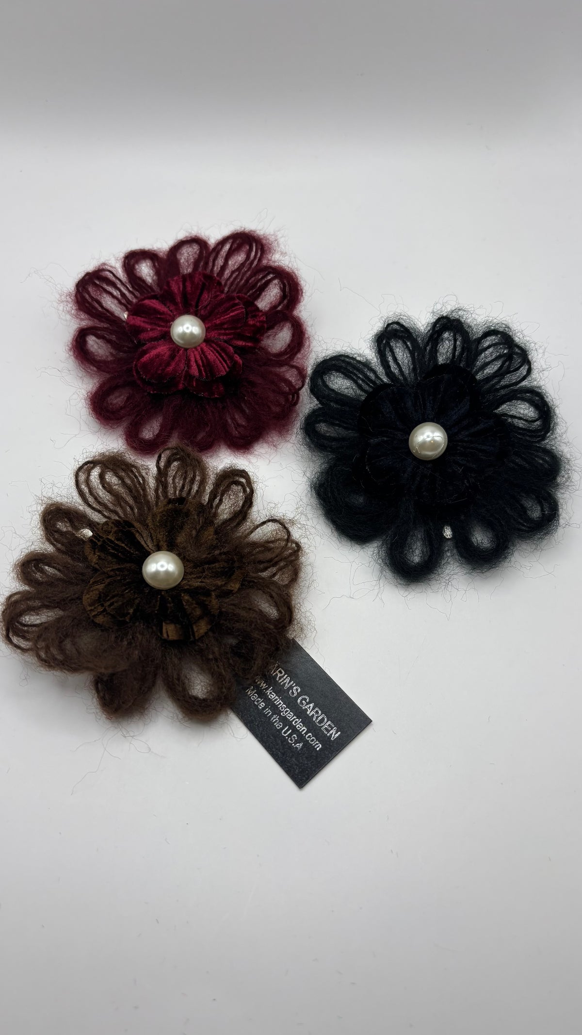 Mohair Velvet Pearl Brooch and Clip in Mocha.  Handmade in the USA