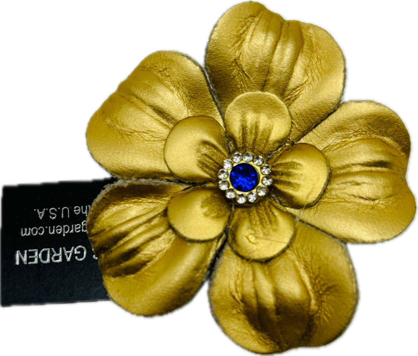 Karin's Garden 2.5" Gold Leather Flower Clip with Blue crystal center