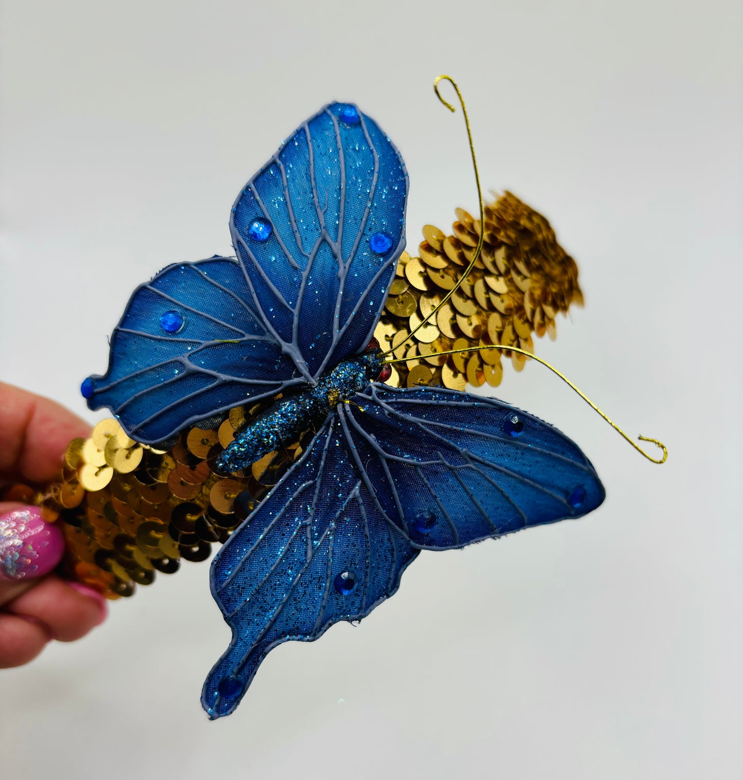 Karin's Garden Gold Sequin 1" Headband with Blue Butterfly