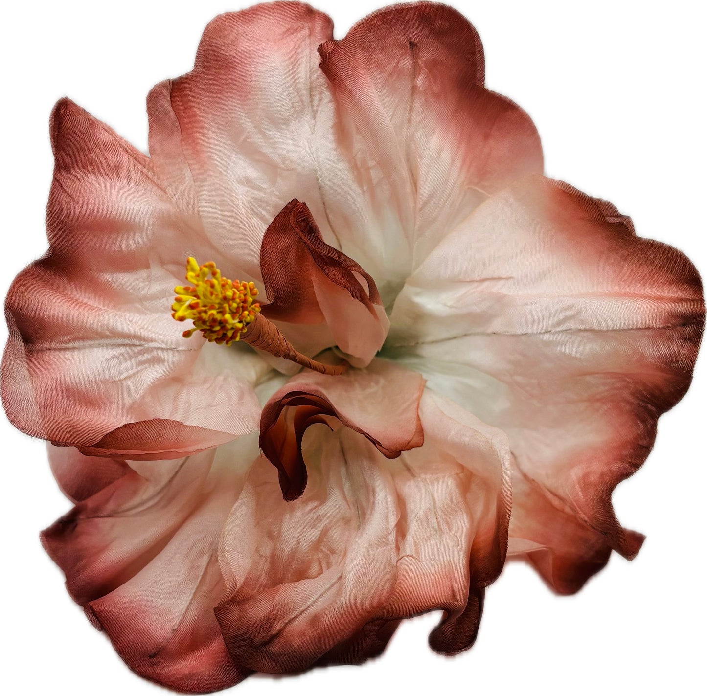 "Caterina" Vintage German Terra Cotta Ivory Silk GDR Hibiscus 6" Reimagined Mid-Century Brooch & Clip Duo.  For your sundress, handbag, hat & lapel. L