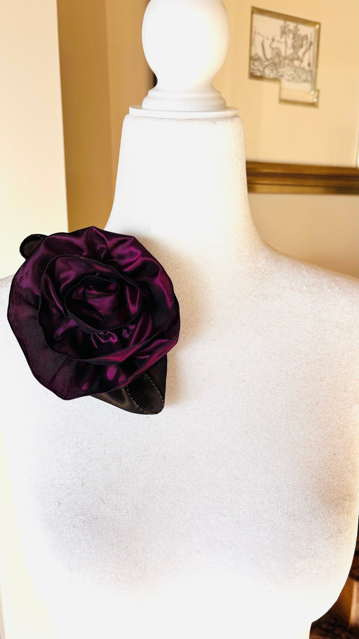 “Rosette” Brooch & Clip Plum.  Pin or Clip to dresses, lapels, purse, hat or wear as a boutonniere. Made in the USA.  You can reshape the flower and leaves to make it larger or smaller.