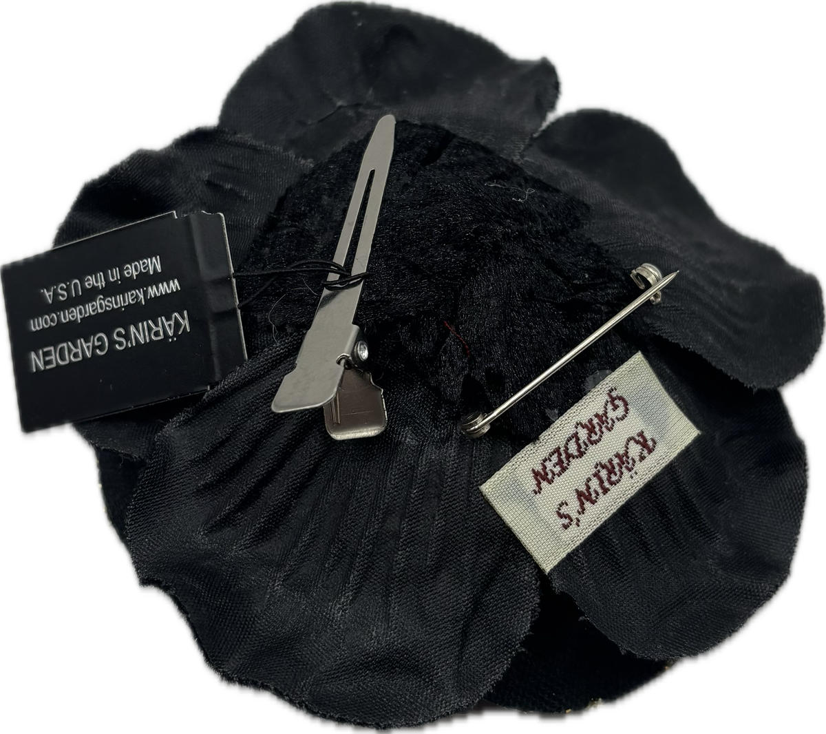 Karin's Garden 3" Mrs. Q. Glam Velvet Blend Black Metallic Edge Rose Pin Brooch Clip.  Made in the USA.