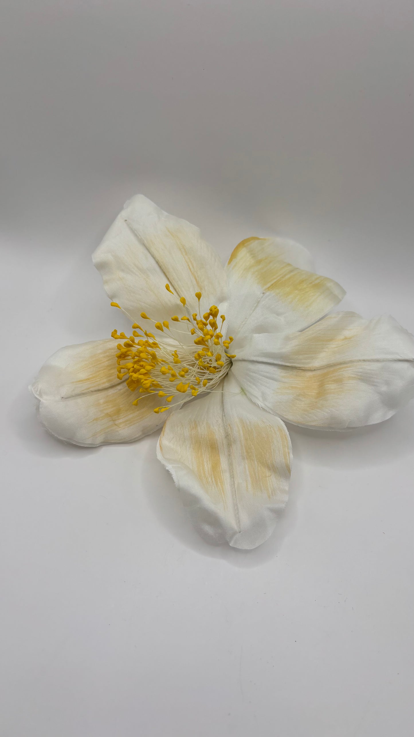 "Clementine" 4" Silk Clematis Ivory Yellow Brooch and Clip. Karin's Garden. Bendable Petals. Pin or Clip into hair, onto dress, lapel, handbag and more.