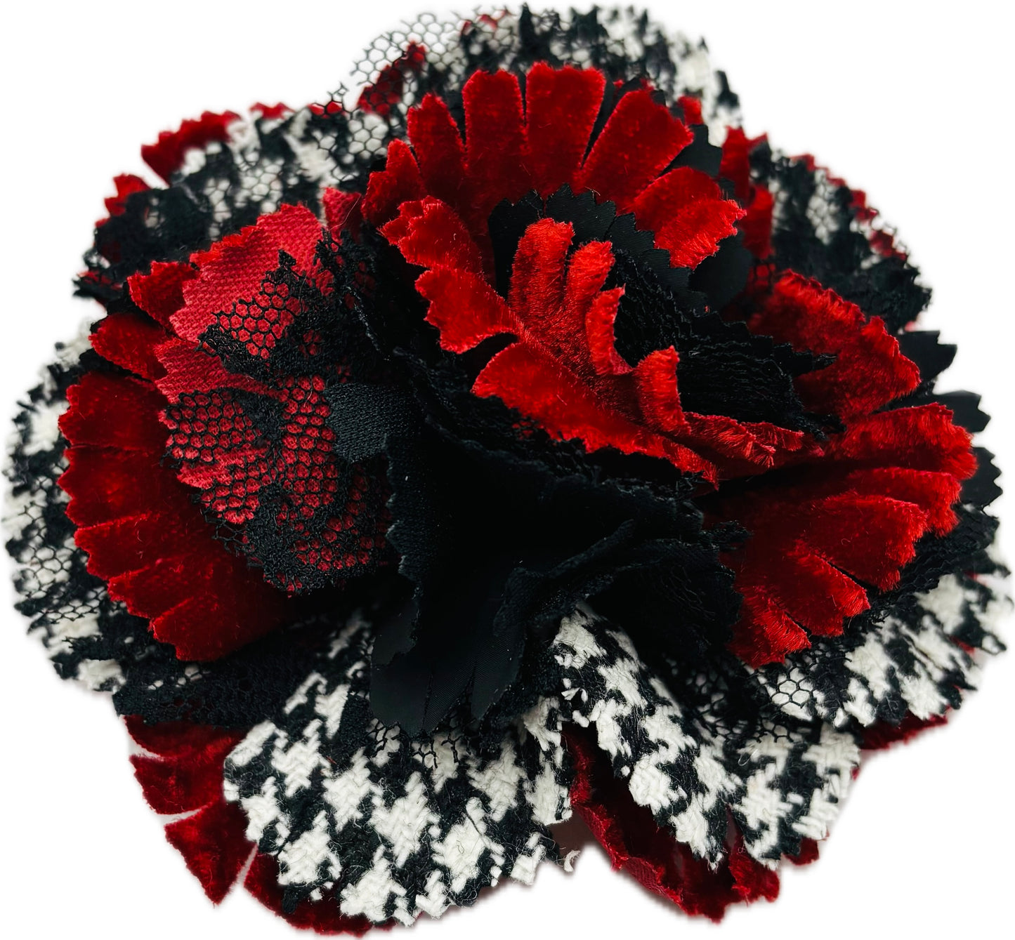 "Brooke" Red White & Black Wool Houndstooth Velvet & Lace Flower Brooch and Clip 3" Made in the USA with Love