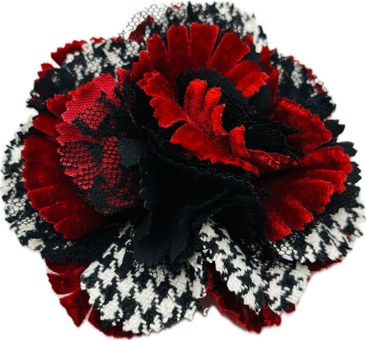 "Brooke" Red White & Black Wool Houndstooth Velvet & Lace Flower Brooch and Clip 3" Made in the USA with Love