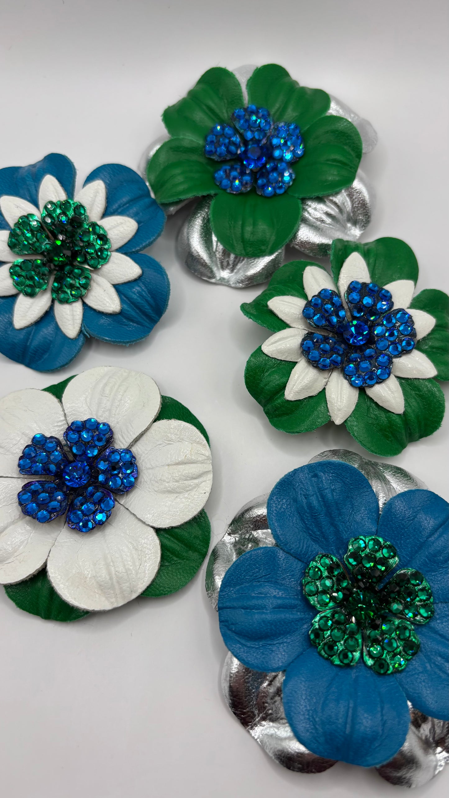 "Seahawks" Petite Leather & Green Crystal Flower Pin & Clip. Made in Seattle, WA