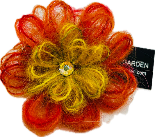 Enya Mohair Flower with Crystal Brooch & Clip Two Inches Handmade in the USA
