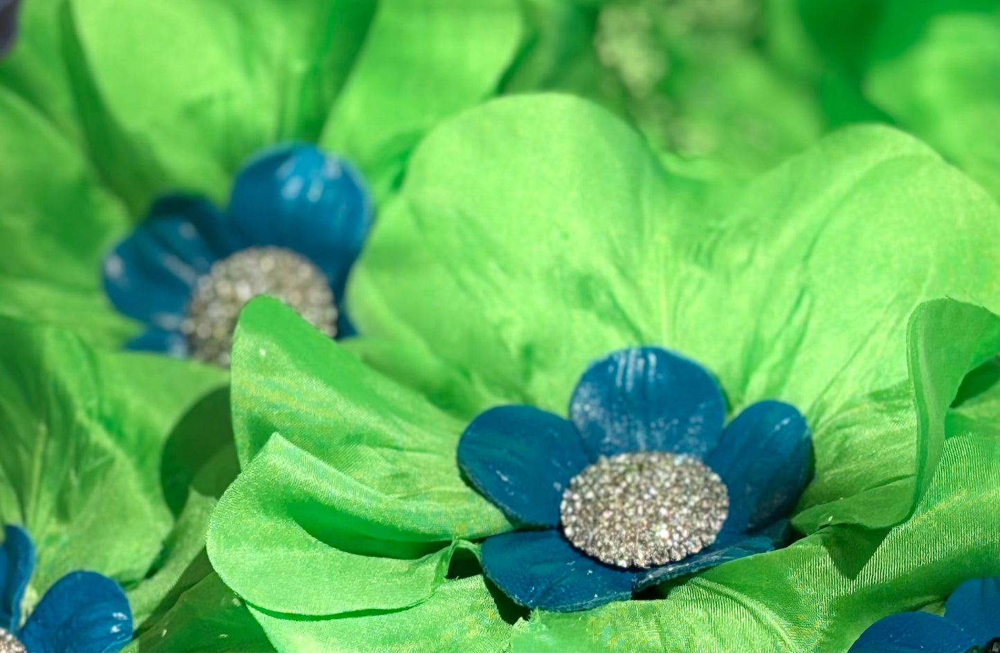 "Seattle SEAHAWKS" Lime and Blue Leather Silk Poppy Crystal Center Brooch and Clip: Bendable Petals.  Wear on jersey, in hair, on handbag and more