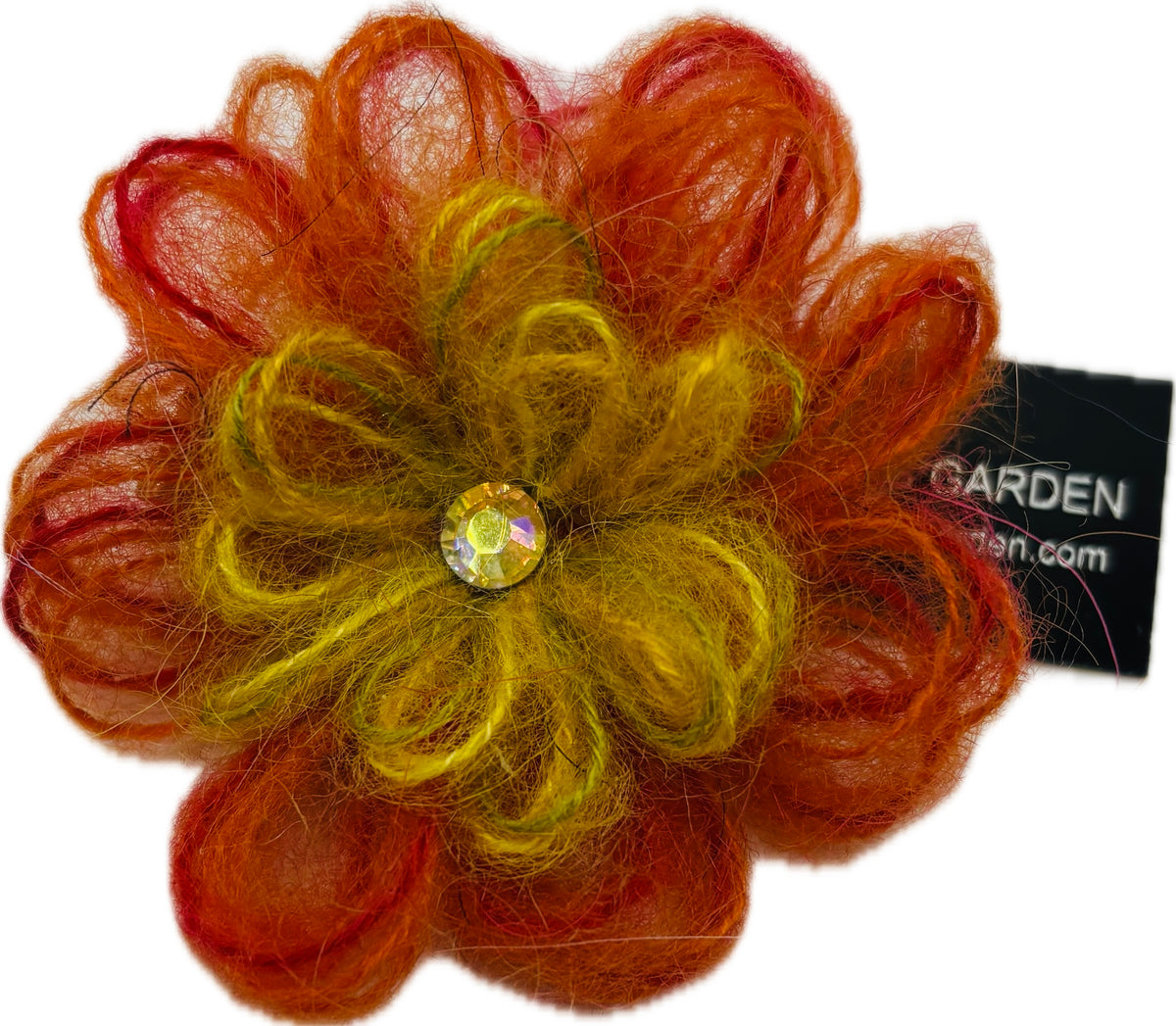 Enya Mohair Flower with Crystal Brooch & Clip Two Inches Handmade in the USA
