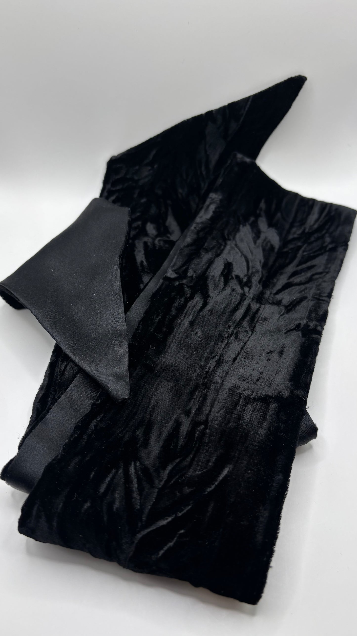 Crushed Velvet Black Sash Backed with Black Silk Charmeuse. Wear as a Belt, Sash, Head Wrap, Tie Around a Hat, Handbag or Wear as a scarf. Handmade in the USA.