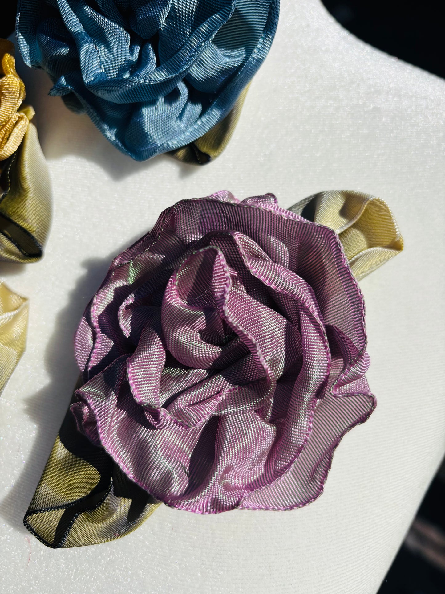 Karin's Garden 3" “Rosette” Pin.  Pin to dress, lapel or wear as a boutonniere. Made in the USA.  You can reshape the flower and leaves to make it larger or smaller.