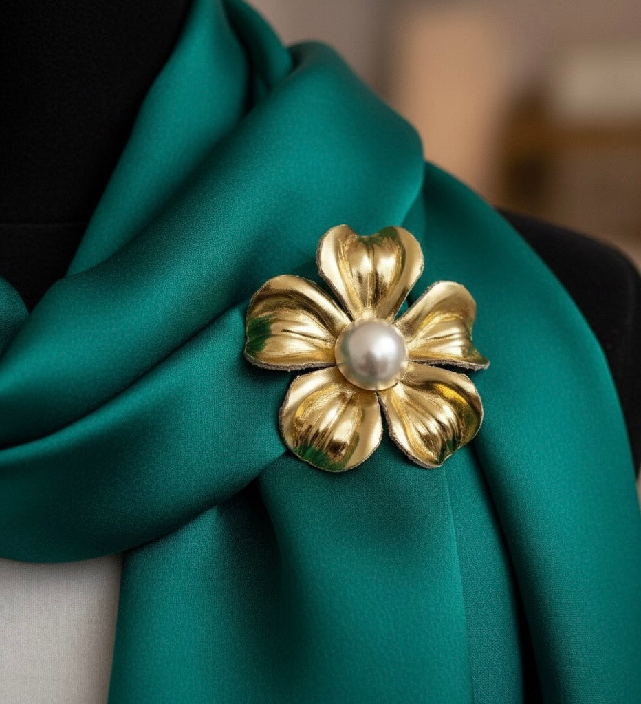 “Maisie" Gold Leather & Pearl Brooch & Clip. 2.25" Made in the USA with Love.