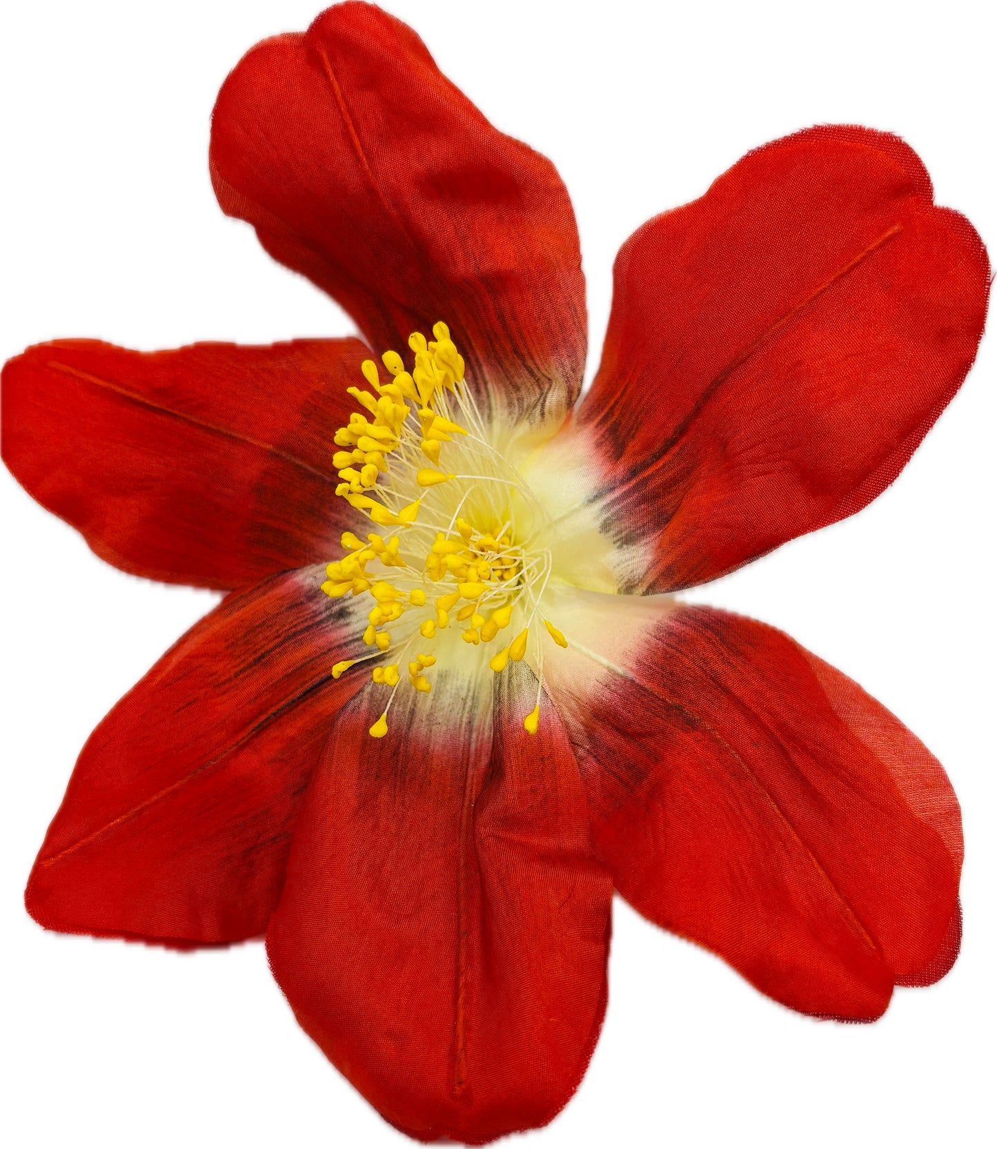 "Clementine" 4" Silk Clematis Red Brooch and Clip. Karin's Garden. Bendable Petals. Pin or Clip into hair, onto dress, lapel, handbag and more.