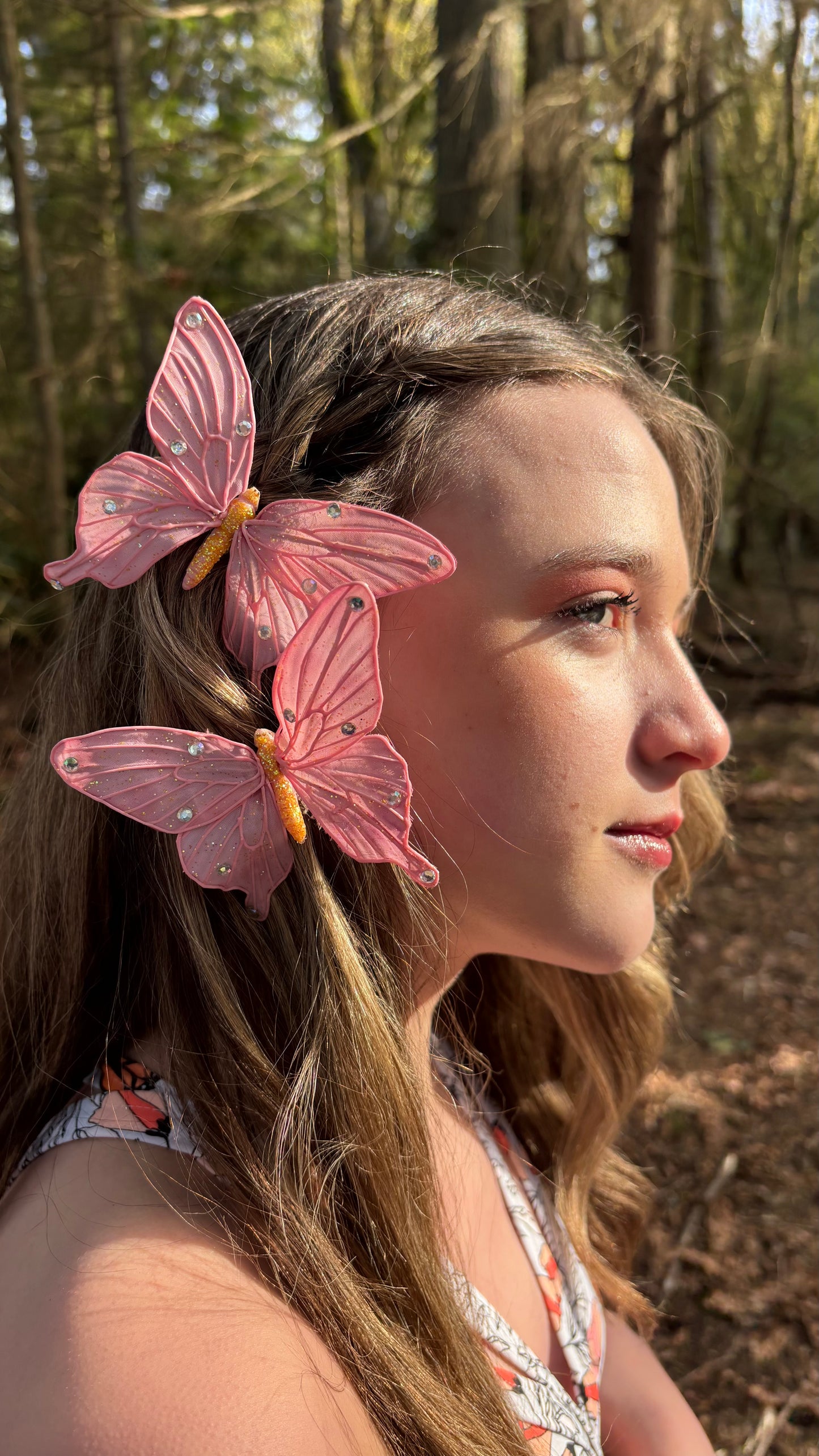 "Vanessa" Karin's Garden 3" Pink Butterfly clip. Bendable petals. Wear in your hair, clip to wristlet, clip on lapel, tank top or dress.  Clothing by detailsdancewear