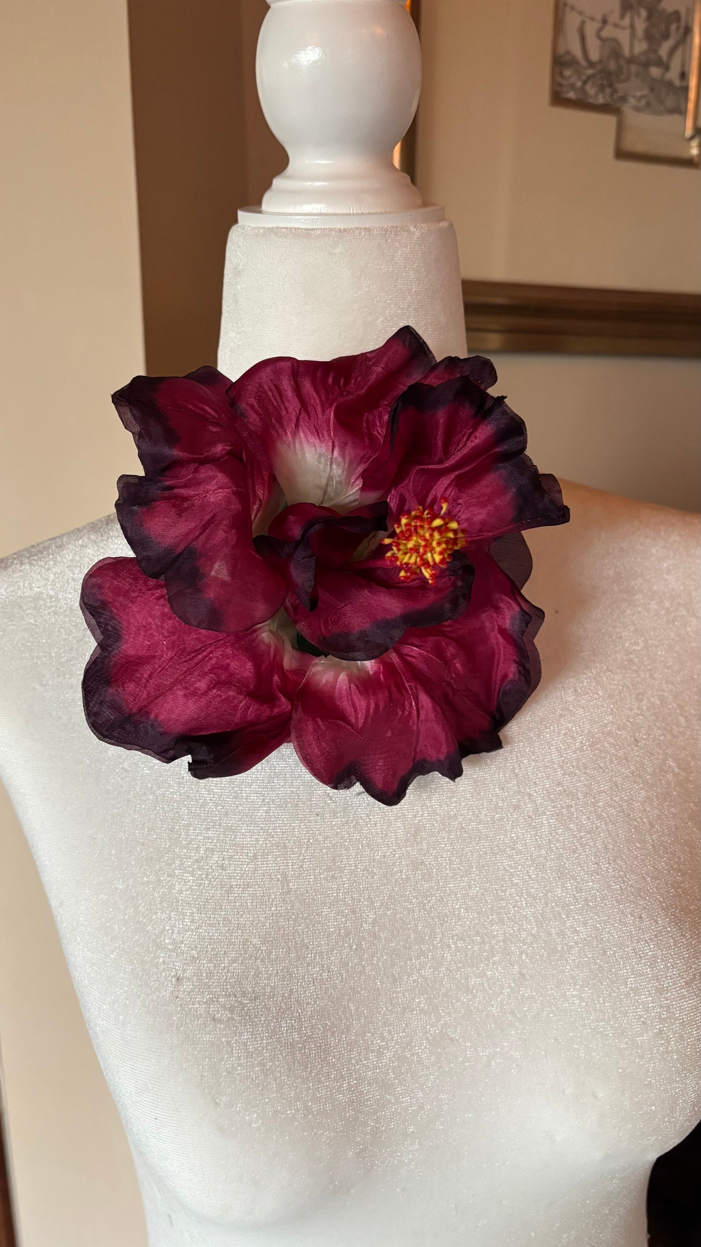 "Caterina" Vintage German Wine Silk GDR Hibiscus 6" Reimagined Mid-Century Brooch & Clip Duo.  For your sundress, handbag, hat & lapel.