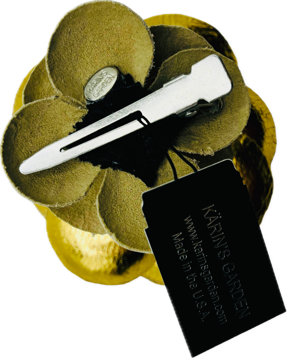 Karin's Garden 2" "Susie" Gold Metallic Leather Camellia Clip.  Made in the USA with Love