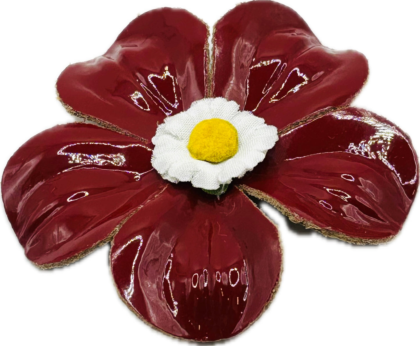 “Marguerite” Red Patent Leather Daisy Flower Brooch & Clip. 2.25" Wear in your hair, on a necklace, dress and more. Made in the USA