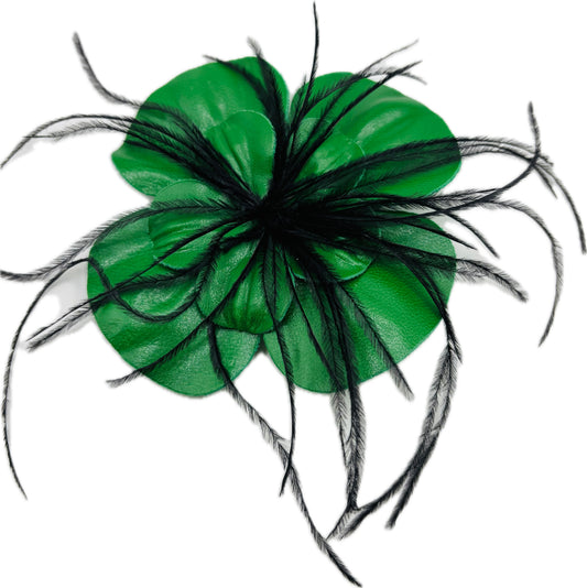 "Min" Leather Camellia & Ostrich Green Brooch Clip. 4" Clip or Pin to Scarf, Into Hair, on lapel, dress, hat and more. Handmade in the USA.