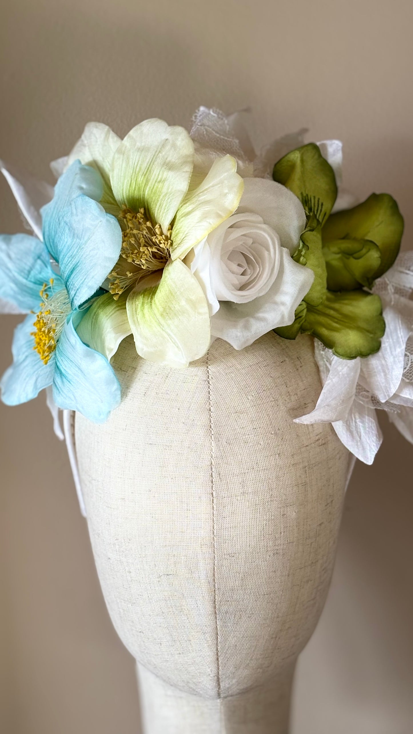 "The Versailles Garden Crown" A one-of-a-kind composition of rare vintage European florals and modern elements, arranged entirely by hand.