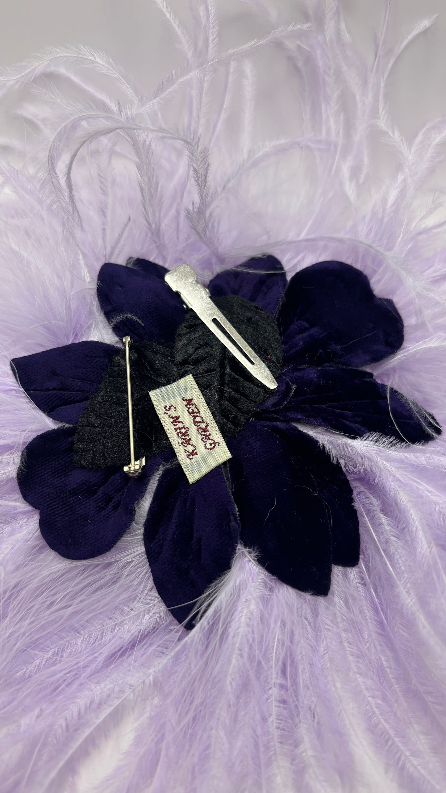 "Dietrich" Grand Ostrich Pin & Clip in Lavender.  Made in the USA. Genuine Ostrich. Available in many colors.  Available in Grand or Petite